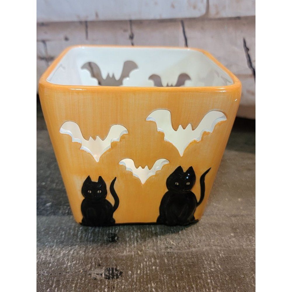 HalloweenΒ bat orangeβceramic cat tealightβ holder home decor